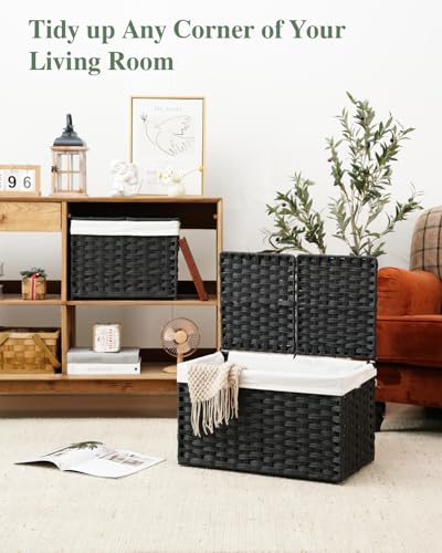 SETVSON Storage Basket with Lid Rattan Woven Storage Baskets with 2 Separate Lids, 17.2 Gallon (65 L), Wicker Storage Bins Foldable, 2 Removable Liner Bags Handles for Bedroom, Laundry Room Black - color: Black, size: 65L-22L*13W*13.8H