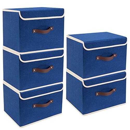 TYEERS Foldable Storage Boxes with Lids 5 Pack Fabric Storage Bins with Lids, Closet Organizers for Clothes Storage, Room Organization, Office Storage, Toys - Classic Blue - color: Classic Blue, size: 5-pcs 14.9x9.8x9.8 in