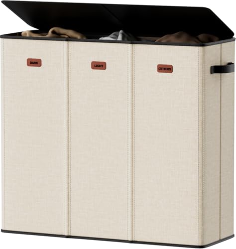 185L Laundry Hamper 3 Section, Laundry Hamper with Lid, Dirty Clothes Hamper with 3 Removable Washing Bags, Extra Large Laundry Basket Organizer for Bedroom, Laundry Room, Dorm - Beige - color: Beige, size: 185L - 3 Section