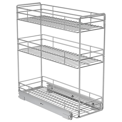 ROOMTEC Pull Out Spice Rack for Narrow Cabinet (5½" W X 20½" D),3 Tier Slide Out Cabinet Organizer and Pull Out Shelves Under Cabinet Storage for Kitchen, Chrome - size: 5½" W X 20½" D,3 Tier
