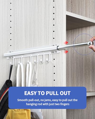 BaiNong 16.5 inch Valet Rod for Closets Pull Out Closet Valet Rod Slide Out Extra Long Silvery Valet Rods for Closets With 6 Hooks - color: Silver, size: 16.5 Inch