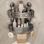 VOLPONE Corner Shower Caddy Suction Cup Shower Shelf Corner No Drilling Bathroom Shower Organizer Storage Rack Adhesive with Towel Bar Hooks (2-Pack, Matte Gray) - style: Suction Cup Triangle with Towel holder 2 Tier Gray
