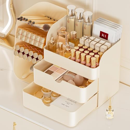 Makeup Organizer with Drawers, Large Capacity Countertop Organizer for Vanity, Bathroom and Bedroom Desk Cosmetics Organizer, Easy To Storage Skincare,Brushes, Eyeshadow,Lipstick (All Cream) - color: All Cream, size: Medium