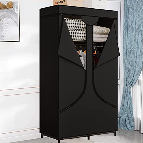 SORCEDAS Portable Wardrobe Closet Storage Organizer Metal Hanging Rack Non-Woven Fabric 34 Inch Black - color: Black, size: 34 Inch