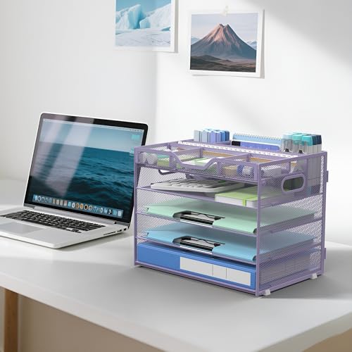 Docnest 5 Tier Mesh Desk Organizer- Letter Tray with Adjustable Compartments, Mesh Desktop Storage Built in Pen Holder and Handles, Desk Organizer Tray for Mail Documents Office Supplies–Purple - color: Purple