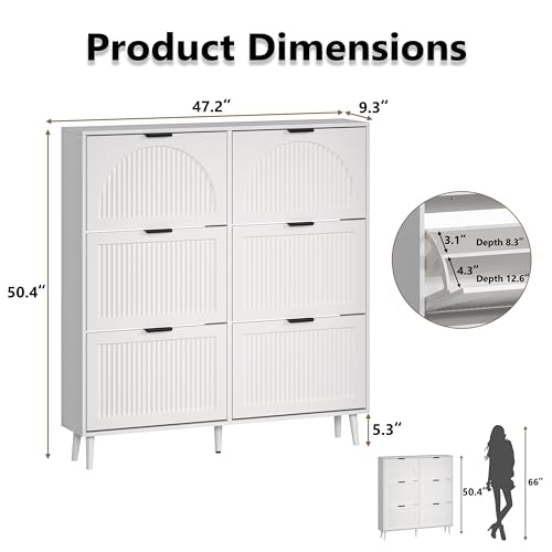 BORNOON Shoe Cabinet for Entryway with 6 Flip Drawers, Slim Wooden Shoe Storage Organizer with Modern Fluted Pannel，Freestanding Narrow Hidden Shoe Rack for Hallway, Foyer, Living Room - color: White, size: 6 Flip Drawers
