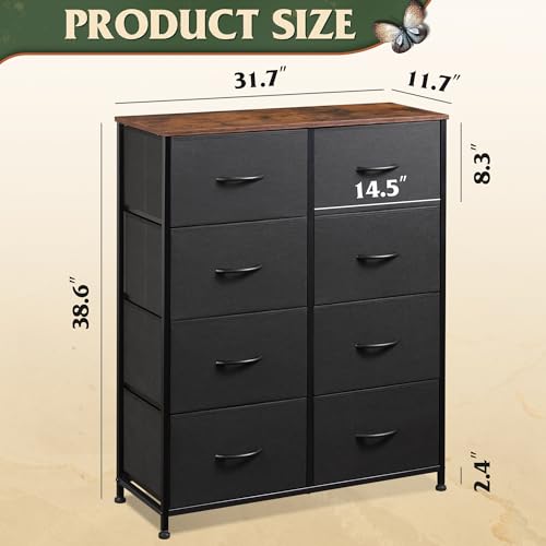 WLIVE Tall Fabric Dresser with 8 Drawers, Storage Tower with Fabric Bins, Double Dressers, Chest of Drawers for Closet, Bedroom, Living Room, Hallway, Dorm, Black and Rustic Brown - color: Black and Rustic Brown, style: General