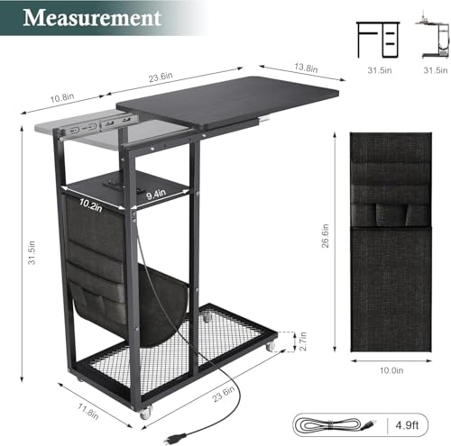 Colima C Shaped End Table with Charging Station (Black, Extra Large) - color: Black