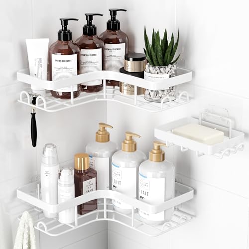 Sakugi Corner Shower Caddy - 3-Pack Shower Organizer with Soap Holder & Built-In Hooks, Rustproof Metal Shower Shelves, Laundry, Kitchen, Bathroom Organizers and Storage Solution, Large, White - color: White, size: Large - 3 Packs