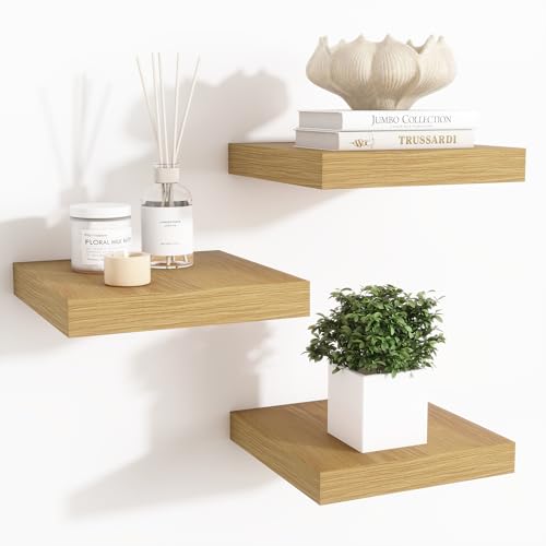 Fun Memories Floating Shelves for Wall - 7.5 Inch Square Shelves with Invisible Brackets, Small Wall Shelf for Living Room, Bathroom, Bedroom, and Kitchen Decor Oak Set of 3 - color: Oak, size: 7.5"W x 7.5"D - 3P