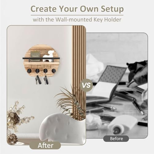 Nekon Key Holder for Wall - 9.8 Inch Apartment Wall Decor with Shelf and 8 Key Hooks, Circular Wood Key Hanger for Home Decor (Wood) - color: Wood