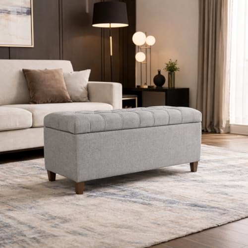 Homepop Home Decor Tufted Ainsley Button Storage Ottoman Bench with Hinged Lid Ottoman Bench with Storage for Living Room & Bedroom, Gray Fabric - color: Gray Fabric