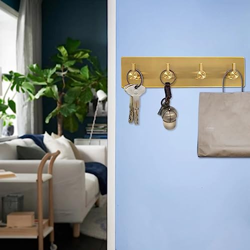 Self Adhesive Key Hook Rack with 4 Hooks for Keys, Masks - Wall Mounted Entryway, Hallway Hanger - Gold - color: Gold