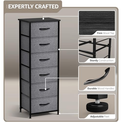 Sorbus Fabric Dresser for Kids Bedroom - Chest of 6 Drawers, Tall Storage Tower, Clothing Organizer, for Closet, for Playroom, for Nursery, Steel Frame, Fabric Bins - Wood Handle (Greige) - color: Black, style: 6 Drawer