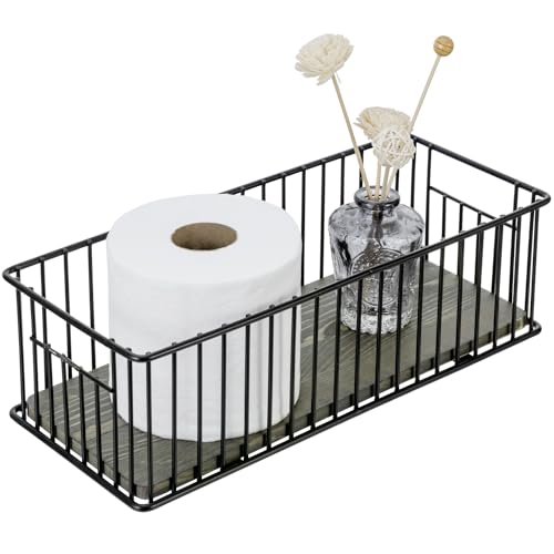 MyGift Modern Bathroom Storage Basket, Black Metal Wire Toilet Paper Holder with Vintage Gray Solid Wood Base, Toilet Tank Organizer Tray with Handles - color: Black / Vintage Gray