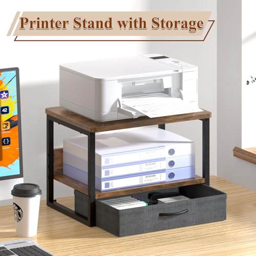 MARTY Printer Stand with Storage Drawer for Desk, 2-Tier Desktop Printer Stand Shelf Organzier for Home Office Printer Riser Under Desk Small Printer Table (Rustic Brown) - color: Rustic Brown, size: 2 Tier With Drawer