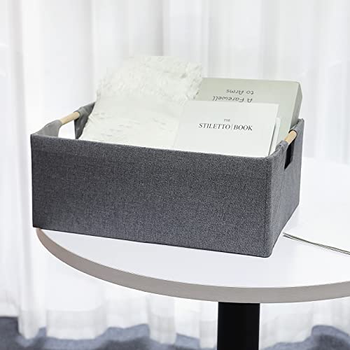 Fabric Storage Bin Box Foldable Cotton Linen Storage Basket with Wooden Handles Rectangular Cube Decorative Home Laundry Organizer Clothes Blanket Container - Grey, Small - color: Grey, size: Small