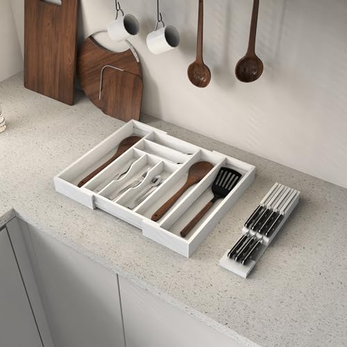 Bamboo Kitchen Drawer Organizer, Expandable Silverware Organizer with Removable Knife Block, 6-8 Slots- Utensil Holder & Cutlery Tray Drawer Dividers, 2.36" Deep for Extra Capacity, White - color: White