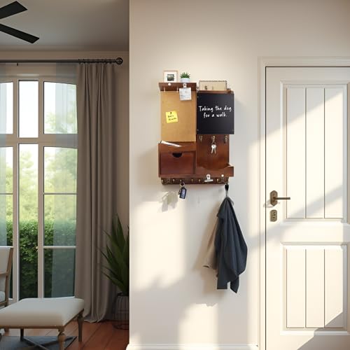 Key Holder Wall Mount， Mail Organizer Key Holder for Wall with Shelf, Drawer, Chalkboard, Corkboard, Home Decor Wall Mounted for Room Entryway(Vintage Brown) - color: Vintage Brown, size: Vertical