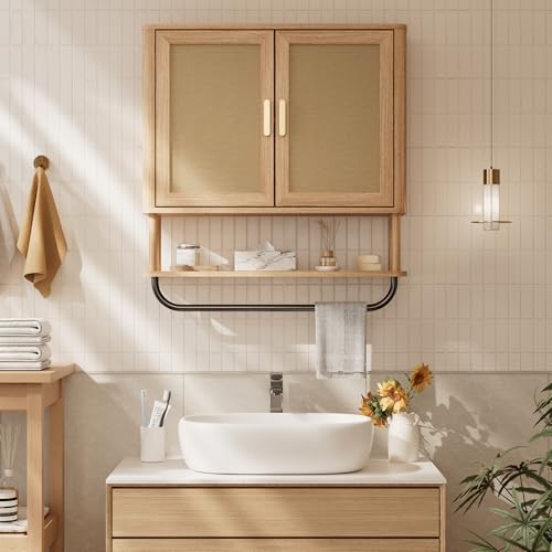 INNOD Rattan Bathroom Wall Cabinet with Towel Bar, Wall-Mounted Medicine Cabinet with Adjustable Wood Shelf & Doors, Over the Toilet Storage Cabinet for Laundry Room & Kitchen & Living Room - color: Rubberwood