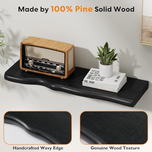 Floating Shelves for Wall Rustic Farmhouse 24 Inch Floating Shelf Bathroom Wooden Shelves for Wall Mounted Live Edge Pine Shelf with Unique Natural Grain for Living Room Bedroom Kitchen (Black) - color: Black, size: 24 inch - 2pcs