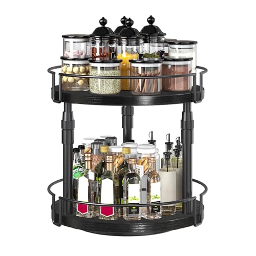 HOOBRO Lazy Susan Organizer Spice Rack, 2-Tier Height Adjustable Rotating Lazy Turntable Spice Organizer, for Kitchen Countertop and Cabinet, Black BB05TL01 - color: Black