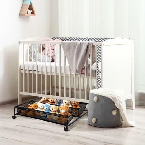 Goaste Under Bed Shoe Storage Organizer with Wheels, Rolling Underbed Storage Containers, Metal Shoe Rack Drawer Space Saving for Bedroom Organization, Shoes, Toys (Black)