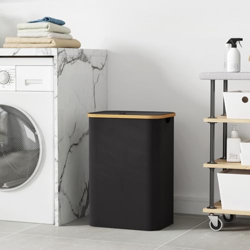 Lifewit 80L Laundry Basket with Lid, Clothes Hampers for Laundry with Bamboo Handles and 1 Removable Bag, Large Foldable Laundry Hamper for Bedroom, Bathroom, Dorm, Laundry Room, Black - color: Black, size: 80L
