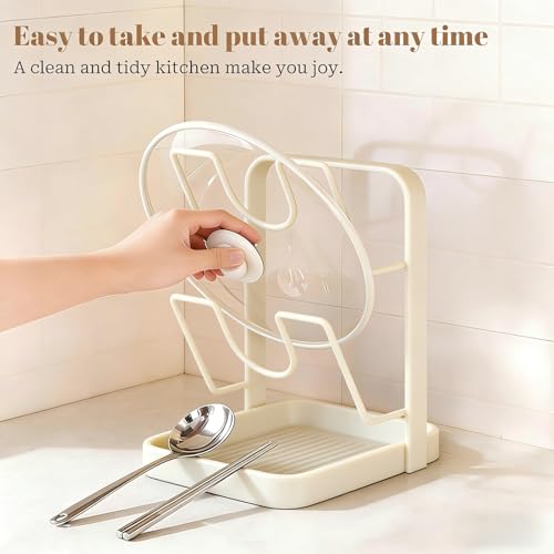 2 Tier Pot Lid Holder Rack for Kitchen Storage, Multifunctional Pan Lid Organizer for Countertop, Kitchen Spoon Rest with Lid Holder Rack for StoveTop White - color: White