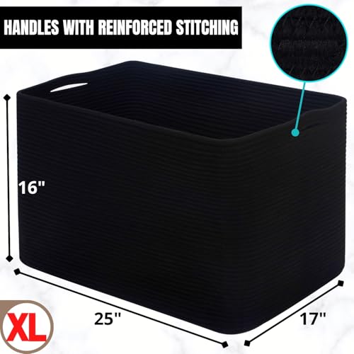 MINTWOOD Design 112L Extra Large Blanket Basket Holder Living Room, 25"x17"x16" Rectangle Rope Woven Storage Basket with Handles for Laundry, Pool Towels, Shoes, Dog Toy Organizer Bin Box, Black - color: Black