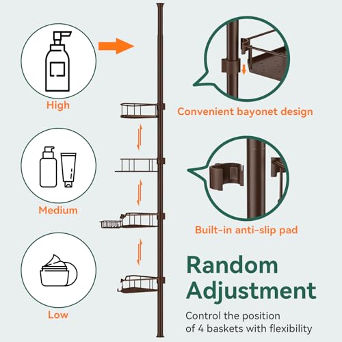 Corner Shower Caddy Tension Pole, 4 Tier Rustproof Shower Tension Rod Organizer, Adjustable 25-125 Inch Bathroom Shower Organizer Shelves for Bathtub Shampoo Storage, Brown - color: Brown