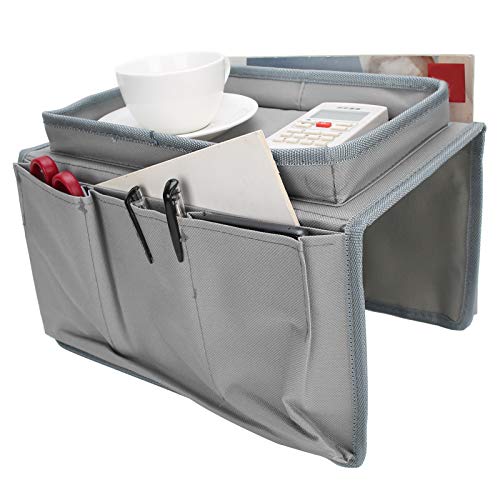 Sofa Armrest Organizer with Cup Holder Tray,4 Pockets Armchair Caddy Bedside Storage Pockets Bag 11.8x7.1x7.1inch TV Remote Control Organizer Armchair Couch Bag (Grey) - color: Grey
