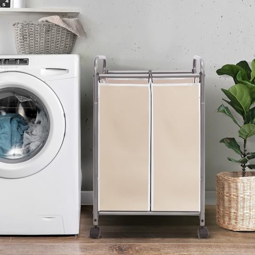 STORAGE MANIAC Laundry Sorter 2 Section, 90 L Gal Laundry Hamper with Wheels, Clothes Basket Separator Sorter, 2 Bag Clothes Cart with Wheels and Removable Bags for Closet, Dorm, Collage, Beige - color: Beige, size: 2 Section