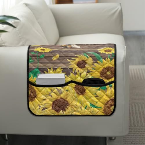 Sunflower Bee Wood Print Armrest Cover for Sofa with 2 Side Organizer Pockets 44x20 inch Arm Covers for Loveseat, Recliner, Chair Anti-Scratch Armchair Protector - color: Sunflower Bee Wood