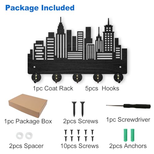 MAYJOYDIY Wood City Skyscraper Coat Rack Wall Mount 11.8×7.9inch Modern City Building Key Holder for Wall 5 Alloy Hooks Wall Art Decor Black Hook Rack for Office Entryway Living Room Gift - color: City