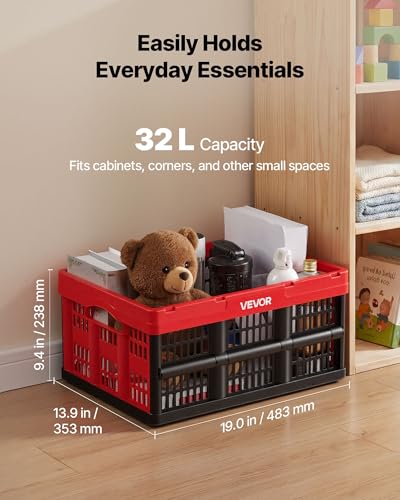 VEVOR Plastic Collapsible Storage Bins, 32L 3 Packs, Stackable Folding Storage Crates with Handles, Holds 26 lbs Per Bin, Foldable Heavy Duty Containers, Space-Saving Baskets, for Home Organizing - size: 32L-Red-3PC
