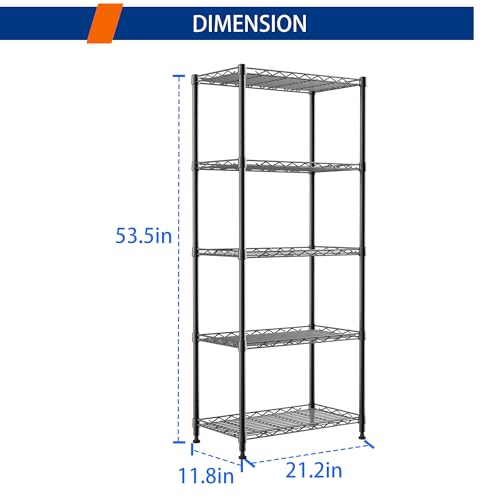 REGILLER 5-Wire Shelving Metal Storage Rack Adjustable Shelves,Standing Storage Shelf Units for Laundry Bathroom Kitchen Pantry Closet(Black,11.8" D x 21.2" W x 53.5" H) - color: Black, size: 5tier 11.8"D x 21.2"W x 53.5"H
