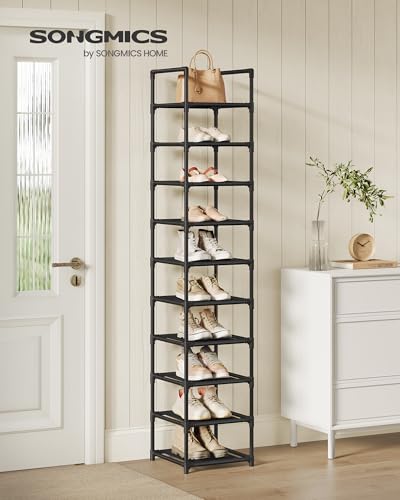 SONGMICS Shoe Rack, 10-Tier Shoe Shelf, Shoe Storage Organizer, 13 x 13 x 68 Inches, Metal Frame, Non-Woven Fabric Shelves, for Entryway, Bedroom, Black LSR110B02 - color: Black, size: 13"D x 13"W