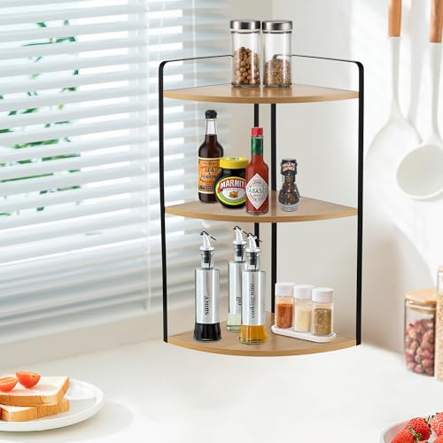 3 Tier Corner Bathroom Counter Organizer, Countertop Organizer, Makeup Organizer Countertop, Bathroom Storage Sink Shelf, Wooden and Metal Counter Shelf (Large Capacity-Rustic Walnut) - color: Rustic Brown