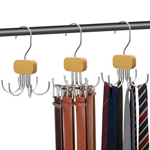 3 Pack Belt Hanger for Closet Organizer, 2026 Upgraded Tie Hangers for Space Saving & Storage, 360° Rotatable & Foldable Hooks, Large Capacity Rack for Tank Top, Bra, Purse (Natural) - color: Natural