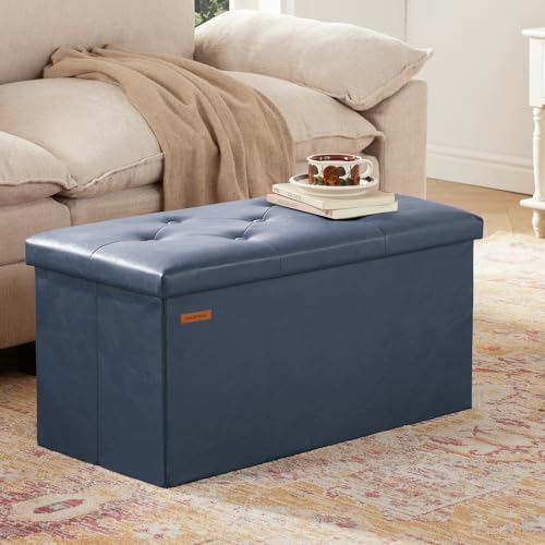 HAUSFRAU - Storage Ottoman Bench, 30 Inches Button Tufted Upholstered Ottoman Footstool with Storage for Living Room Bedroom Entryway, Load 660 lb, Synthetic Leather, Navy Blue - color: Navy Blue, size: 15"D x 30"W x 15"H