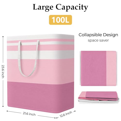 StorageRight Large Collapsible Laundry Basket Hamper with Easy Carry Handles，Freestanding Clothes Hampers for Laundry, Bedroom, Dorm, Towels, Toys, 100L, Pink - color: Pink, size: 100L