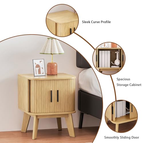 Fluted Nightstand with Sliding Tambour Doors, Curved Edge Wood Bedside Table for Bedroom, Side Tables with Storage for Living Room (1, Square - Oak) - color: Square - Oak