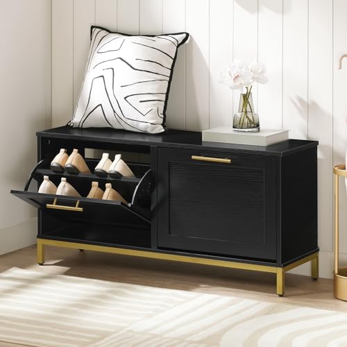 HOOBRO Shoe Bench with Storage, Shoe Storage Bench with 2 Flip Drawers, 39.4" Shoe Cabinet with Bench, Hidden Shoe Rack Organizer for Entryway, Foyer, Hallway, Mudroom, Black and Gold DB48HX01 - color: Black + Gold