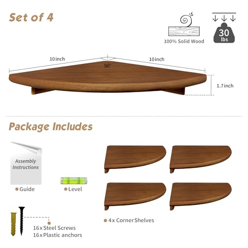 Forbena Walnut Brown Floating Corner Shelves for Wall 4-Pack, Small Corner Wall Shelves for Kids Room, Cute Wooden Hanging Corner Shelf for Bedroom Bathroom Decor, Living Room, Small Spaces - color: 2. Walnut, size: 10" Depth