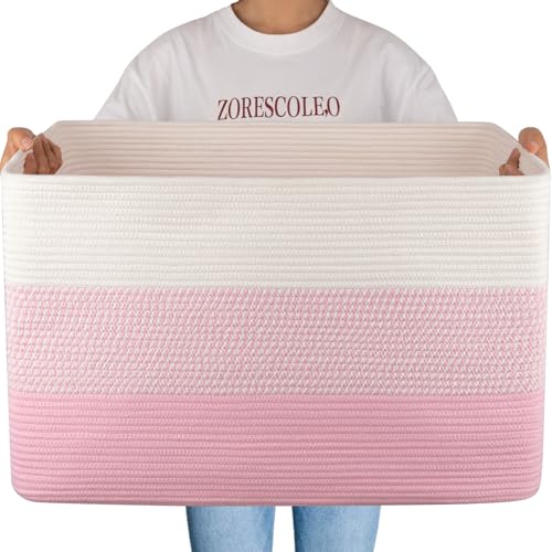 OIAHOMY 108L Super Large Blanket Basket For Living Room, 25”x16”x16” Rectangle Woven Baskets For Storage, Toy Storage with Handle - Pink&White - color: Pink&White