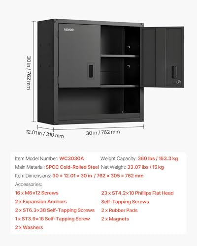 VEVOR Metal Wall Cabinet, 30W x 12.01D x 30H Inch, Steel Floating Hanging Storage Cabinet with Locking Doors and Adjustable Shelf for Garage, Basement, Kitchen, Warehouse Assembly Required, Black - style: Foldable 30" Open Grid