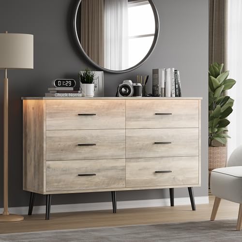 Grey Dresser for Bedroom, Dressers & Chests of Drawers for Clothes Storage, Wood Dresser for Closet with 6 Drawers, Wide Long Clothes Organizer with LED Light for Hallway, Entryway, Metal Handles - color: Grey