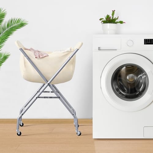 ELYKEN Laundry Cart with Wheels, 32”H Easy Rolling Laundry Hamper with Removable Liner Bag, Sturdy Metal Frame Clothes Basket with 4 Casters and 2 Brakes - color: Creamy, size: 23.2"L x 13"W x 32"H
