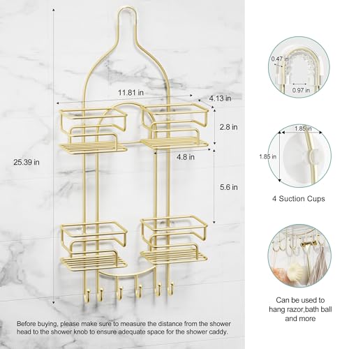 SRIWATANA Shower Caddy Hanging, Bathroom Organizer, No Drilling Shelves Over Shower Head, Bath Rack Holder with Hooks for Razors and Sponge - Gold - color: Gold